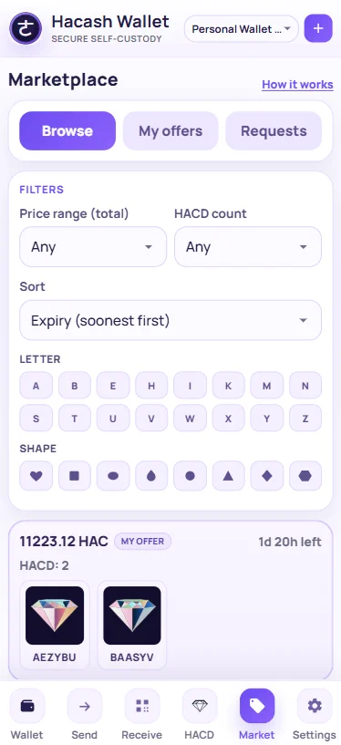 HACD atomic-swap marketplace