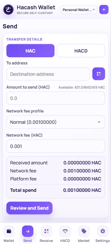 Send HAC payment screen